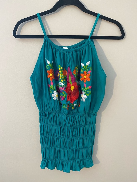 Tops - 🎉 BOGO 100% Cotton Teal Embroidered Floral Smocked Tank Top 🎉